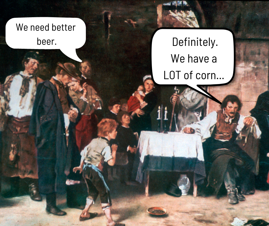 19th century painting of a group of people standing and sitting at a table with a white table cloth discussing cream ale beer