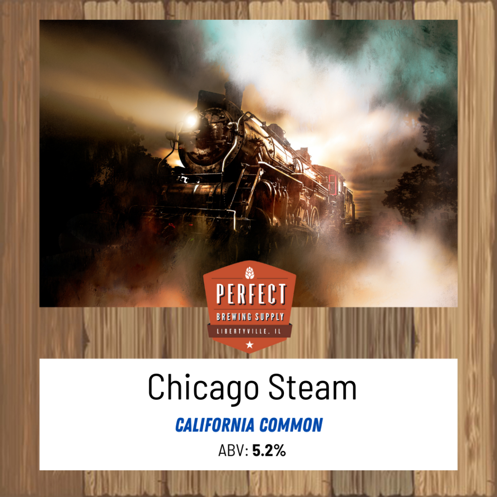 Perfect Brewing Supply's Recipe Image for Chicago Steam. Wood grain background and a train with steam as the image 