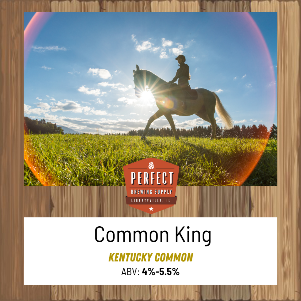 Common King label for Perfect Brewing Supply - a person on a horse in a green field