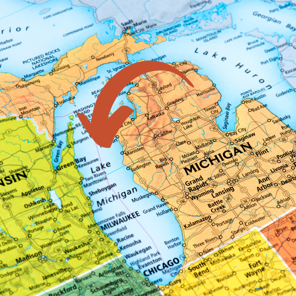 Lake Michigan map with an arrow pointing at lake Michigan for the Pre Prohibition Pilsner blog by Perfect brewing Supply