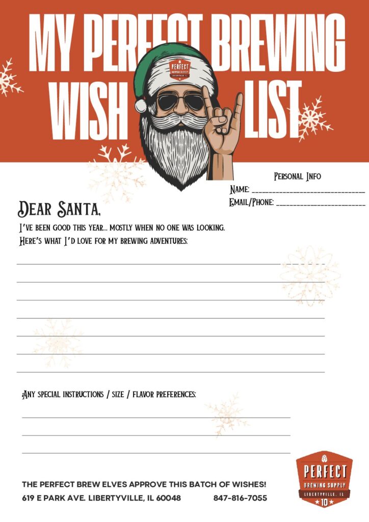 Santas Wish List for Perfect Brewing Supply - Santa with a green hat on a red background